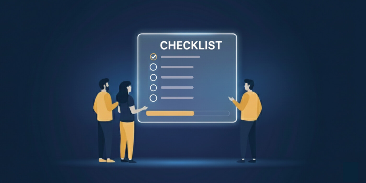 Illustration of a risk assessment workshop where three people stand around a large glowing screen labeled “checklist,” reviewing checklist items and a progress bar, suggesting a team discussing risk questions, scoring, and assessment steps together.
