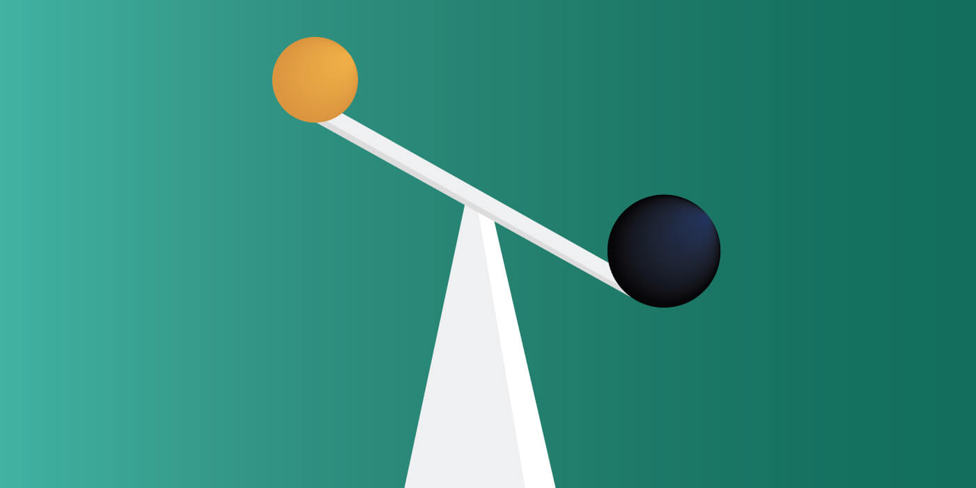 Minimal illustration of a tilted balance beam on a white pivot, with a gold sphere raised on the left and a dark sphere lowered on the right, representing a comparison in an inherent vs. Residual risk assessment.
