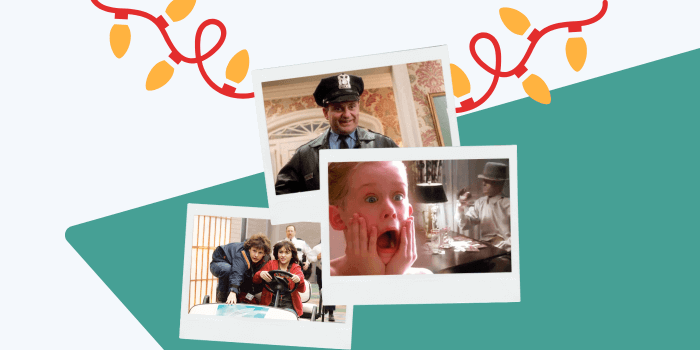 Resolver teal shape background with polaroids featuring scenes from holiday security movies and christmas lights illustration
