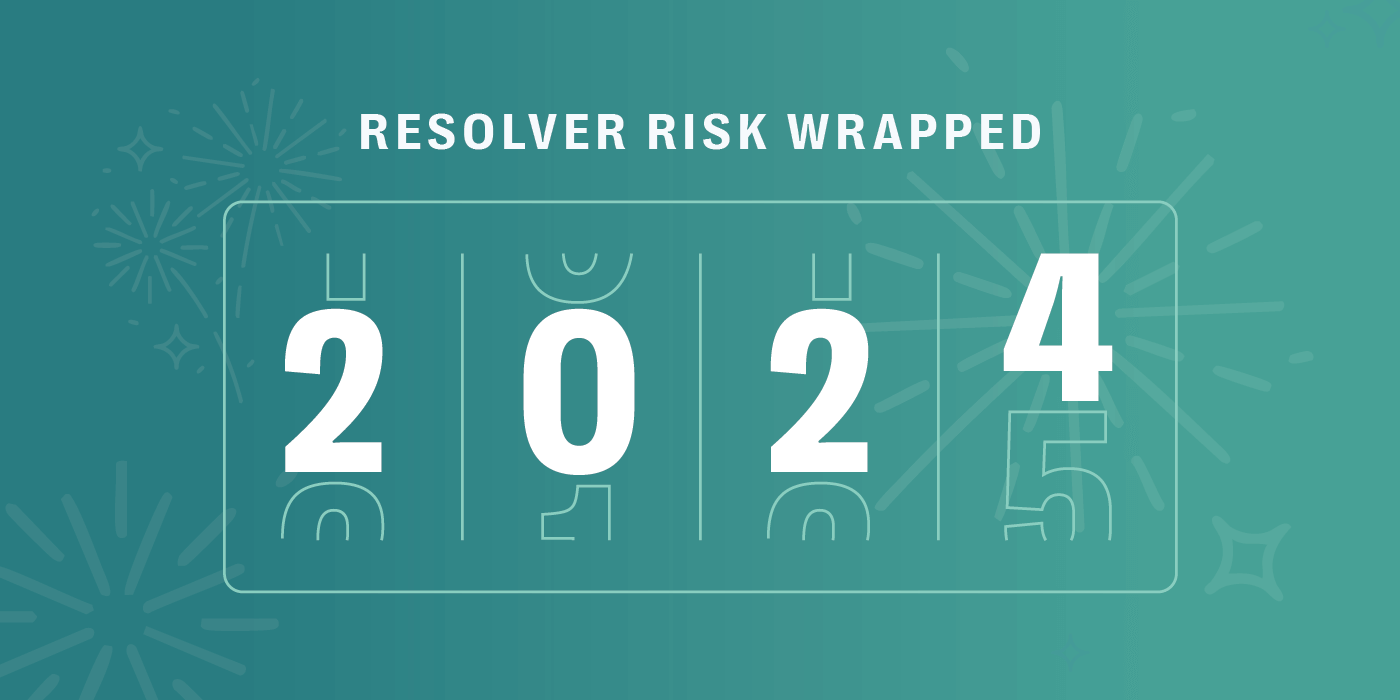 Graphic titled 'resolver risk wrapped' featuring the year '2024' displayed in a rolling counter style with a celebratory background of fireworks and sparkles.