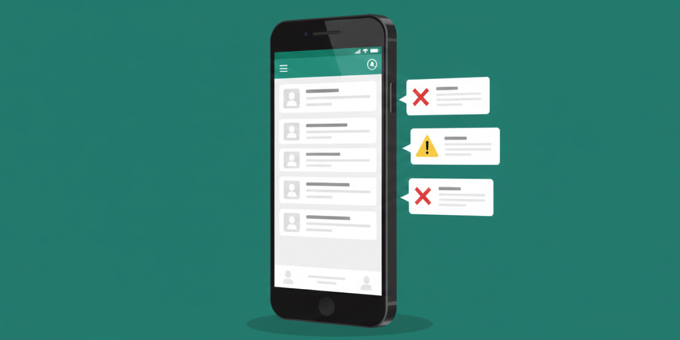 Illustration of a smartphone displaying a list-style reporting app on a green background, with three alert message bubbles to the right marked by red x icons and a yellow warning triangle, representing mobile intake and review of physical security incident reports.