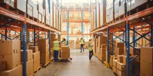 Warehouse with workers handling packages, representing streamlined incident management in logistics operations like DHL.