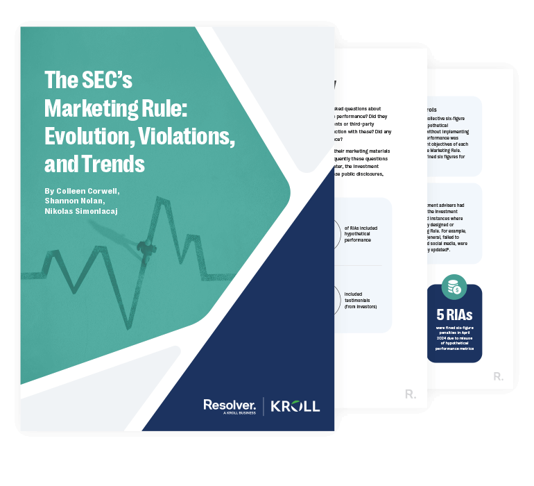 Cover and preview pages of a report titled "The SEC’s Marketing Rule: Evolution, Violations, and Trends" by Colleen Corwell, Shannon Nolan, and Nikolas Simonlacaj, featuring insights from Resolver and Kroll on the SEC Marketing Rule.