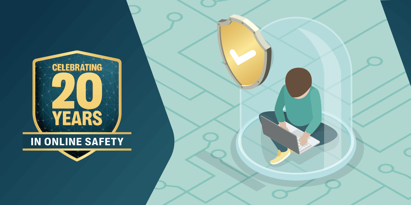 Illustration of a person sitting cross-legged with a laptop under a transparent dome next to a gold shield icon, with a badge reading "celebrating 20 years in online safety. "