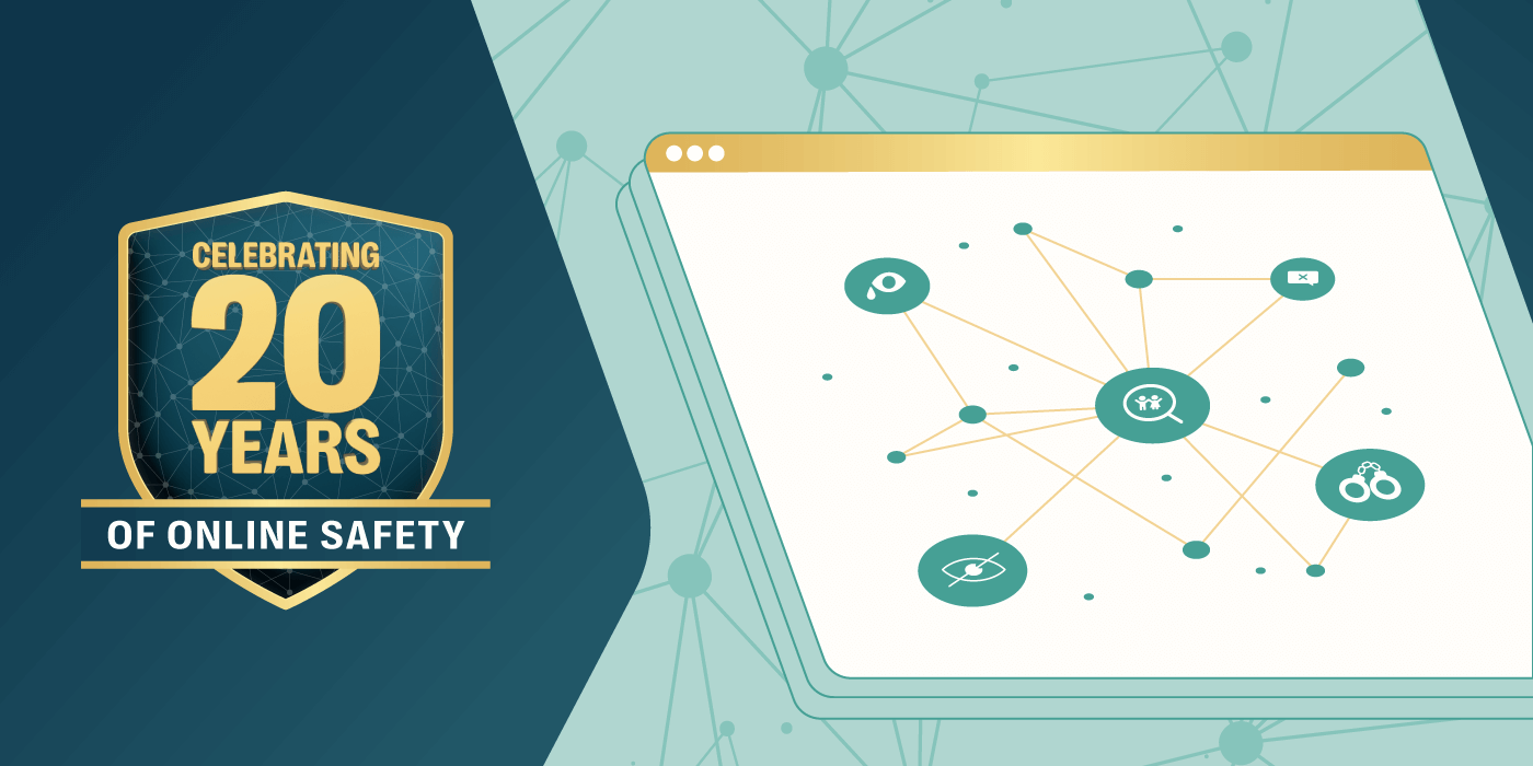 Illustration of a network diagram on a browser window with connected icons representing online threat taxonomies, next to a gold badge that reads "celebrating 20 years of online safety".