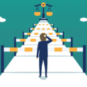 Illustration of a person standing on a pathway filled with hurdles leading toward a balanced scale symbolizing justice and integrity. The image represents common ethics and compliance program roadblocks, showing the challenges organizations face while striving to reach fair and accountable governance standards.