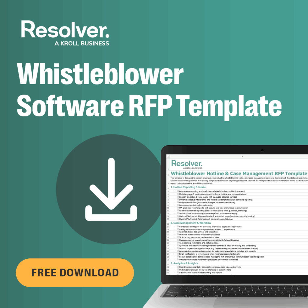 What to look for in whistleblower software: 5 features that drive program impact 9 Promotional graphic for resolver’s whistleblower software rfp template. The image features a teal background with the resolver logo, bold text reading “whistleblower software rfp template,” and a large white download arrow icon. A laptop screen displays the resolver whistleblower hotline & case management rfp template spreadsheet with evaluation criteria for whistleblower software and case management. An orange button at the bottom left says “free download. ”