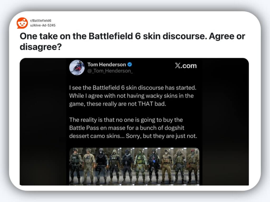 Screenshot of a reddit post discussing battlefield 6 cosmetic skins. The post quotes a tweet from tom henderson saying the skins are not as bad as players claim and that plain desert camo won’t drive battle pass sales. Below the quote is an image showing multiple battlefield soldier skins lined up in different outfits.