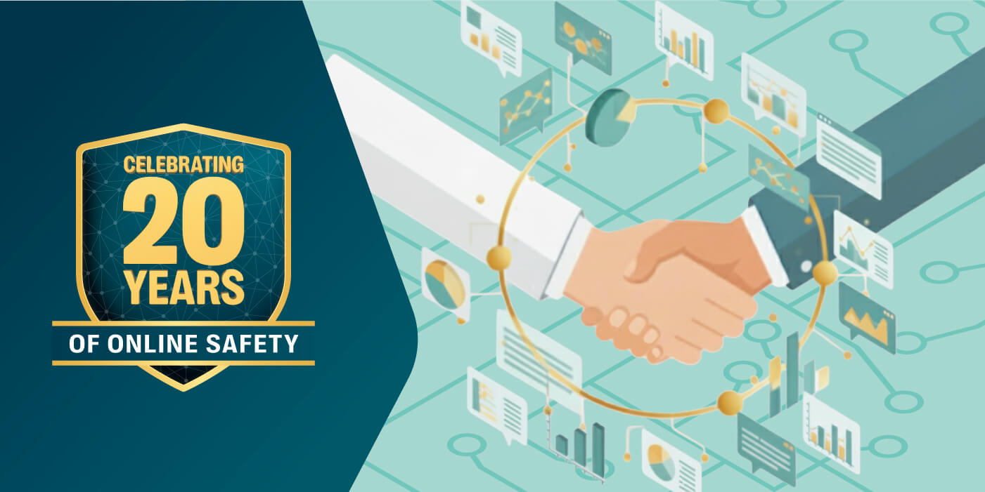 Graphic showing two people shaking hands with data charts around them, next to a gold and blue badge that says “celebrating 20 years of online safety” to commemorate resolver's trust & safety anniversary
