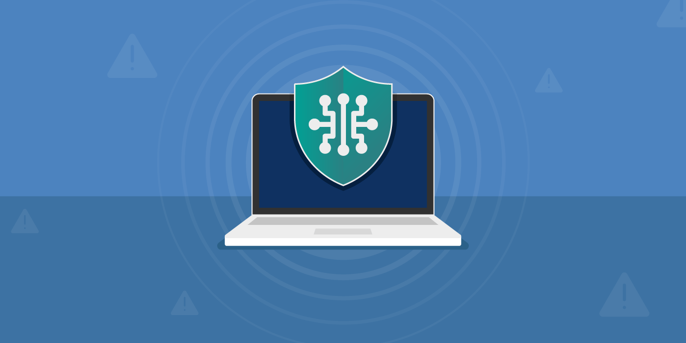 A flat-design graphic showing a laptop with a dark screen. In front of the screen is a green-and-blue shield featuring a circuit-like pattern, representing ai in risk management. Faint warning icons and concentric signal rings radiate from the laptop, suggesting digital threat detection and system protection.