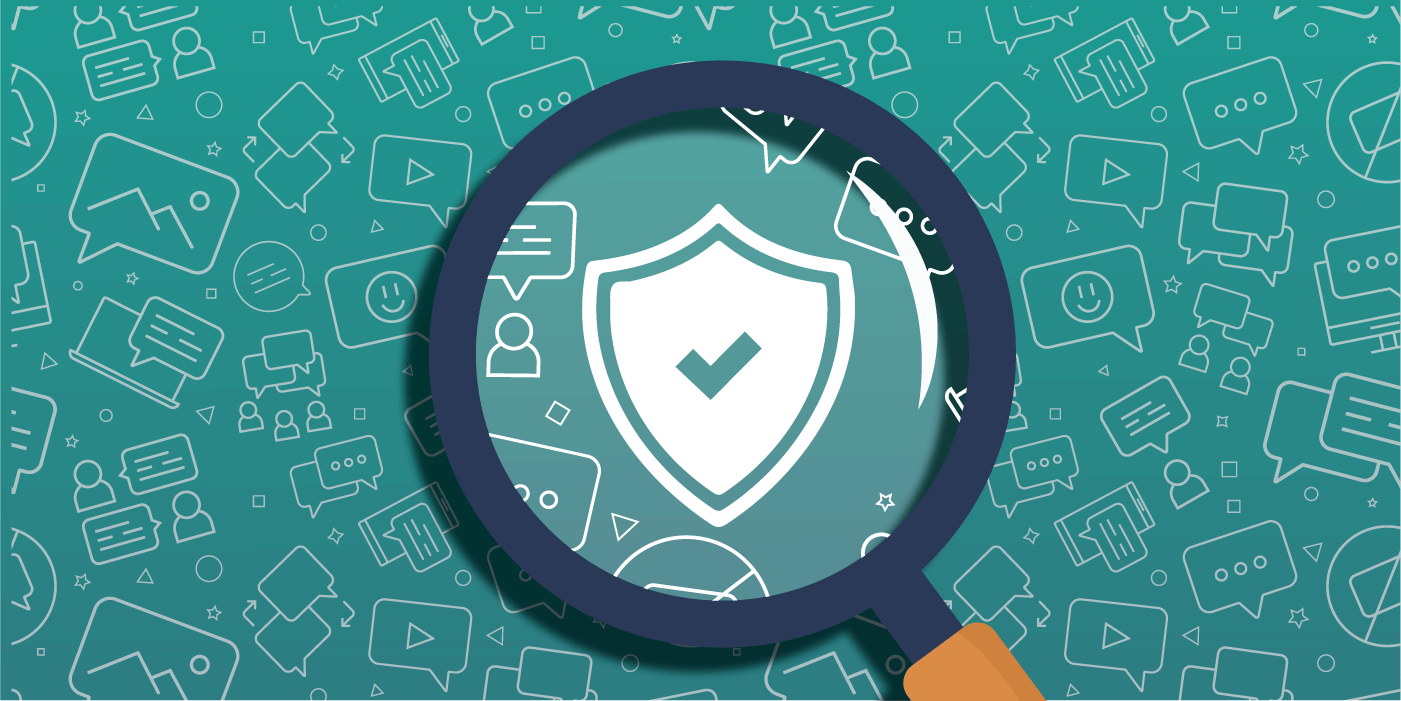 Magnifying glass focused on a white shield with a checkmark in the center, surrounded by chat bubbles, icons, and user symbols on a teal background, illustrating whistleblower software features and secure reporting.