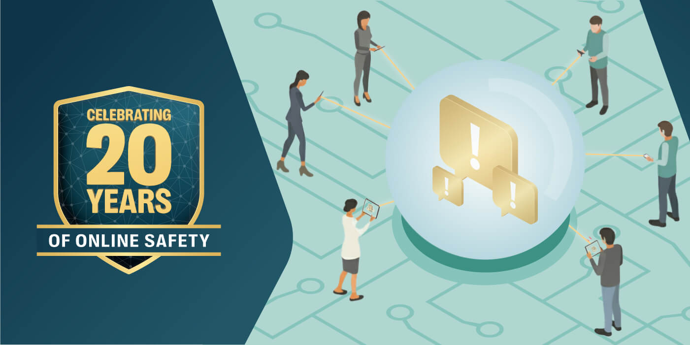 Illustration representing predictive online safety and resolver’s 20 years of protecting children online. A group of people use digital devices connected by network lines around a large glowing sphere with alert icons, beside a gold badge that reads “celebrating 20 years of online safety. ”