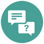 Two speech bubbles icon, the left with text lines, the right with a question mark representing communication.