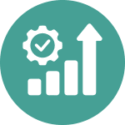 Icon of a rising bar chart with a gear and check mark, symbolizing improved internal escalation processes for misinformation and adverse events in pharma compliance.