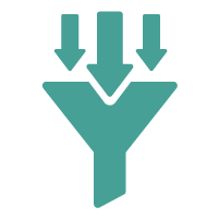 Arrows pointing downward into filter, intended to imply a high quantity of sources ingested.