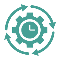 A gear with a clock face inside surrounded by circular arrows, representing quick processing times.