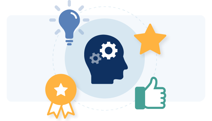 Graphic to support of SMEs. A central silhouette of a head with gears inside, surrounded by icons for an idea (lightbulb), achievement (medal), and a thumbs-up, representing subject matter expertise.