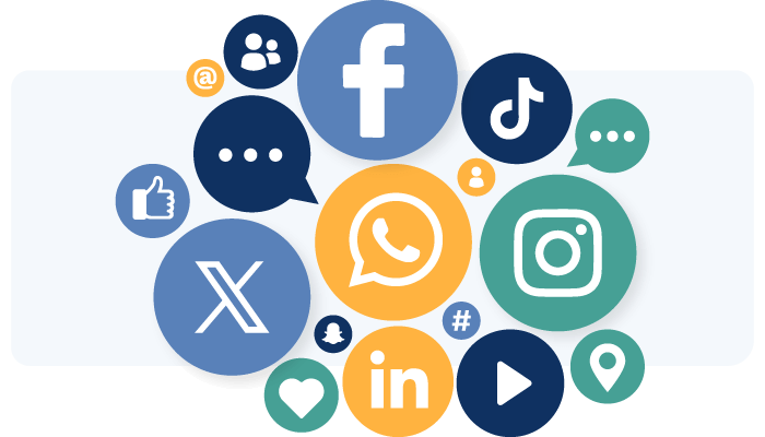 A colorful cluster of bubbles containing icons for major social media platforms like Facebook, X (formerly Twitter), WhatsApp, TikTok, Instagram, LinkedIn, and Snapchat.