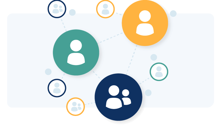 An infographic showing various user profile icons connected by dotted lines, representing a network of third-party data providers or social circles.
