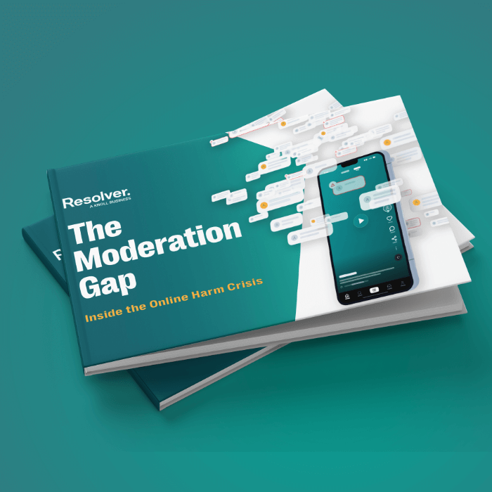 Stack of two teal-colored report booklets titled "the moderation gap: inside the online harm crisis" by resolver. The top booklet features an illustration of a smartphone surrounded by overlapping chat bubbles, representing online conversations and content moderation.