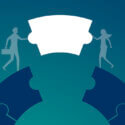 Two silhouetted figures — one holding a briefcase — stand on opposite sides of a large, dark blue circular puzzle shape against a teal background. A gap separates the two curved puzzle sections. Above the gap, the figures hold a single white puzzle piece between them, positioned as if they are about to place it into the circle. The image represents collaboration and coordination needed to complete an integrated grc program.