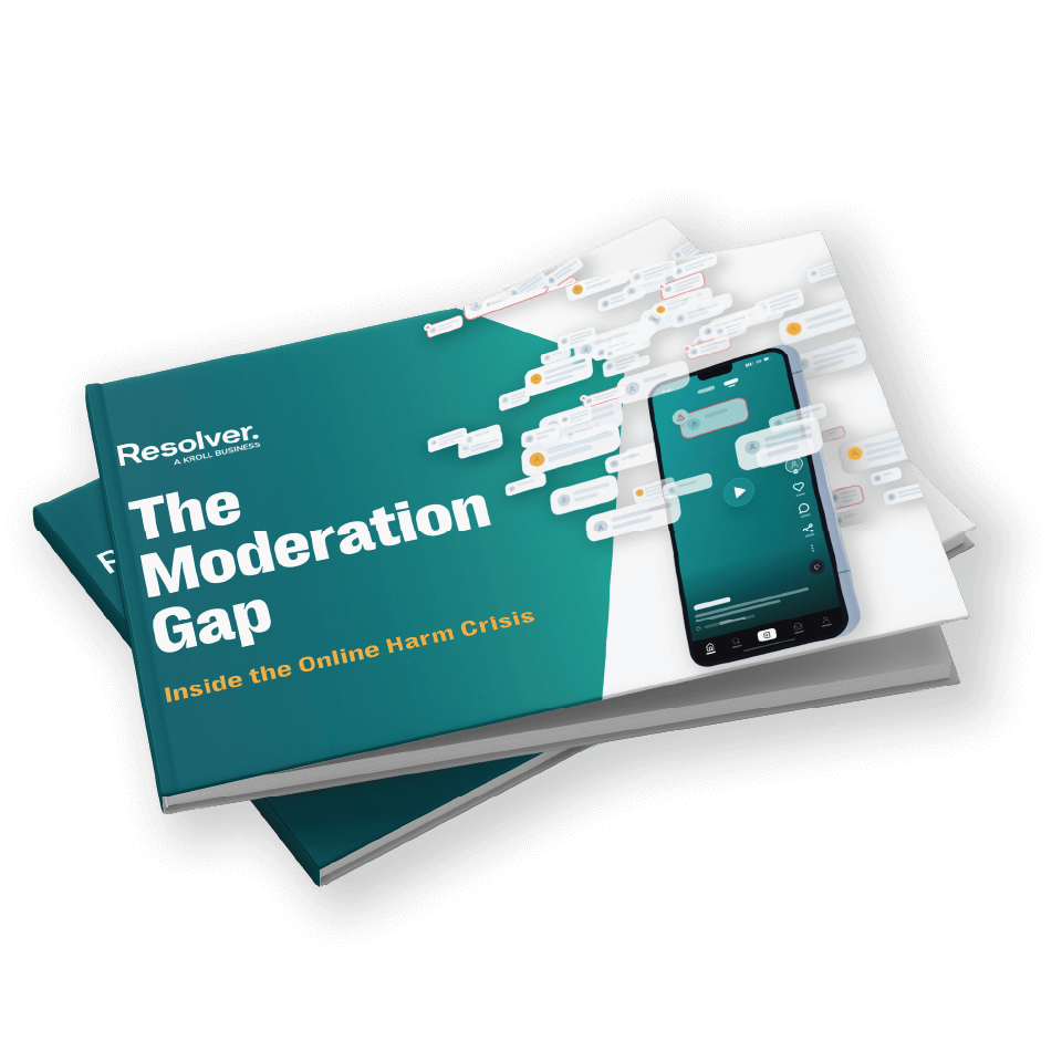 Cover of the Resolver Online Risk Intelligence report “The Moderation Gap,” analyzing how online harm spreads faster than moderation teams can detect it.