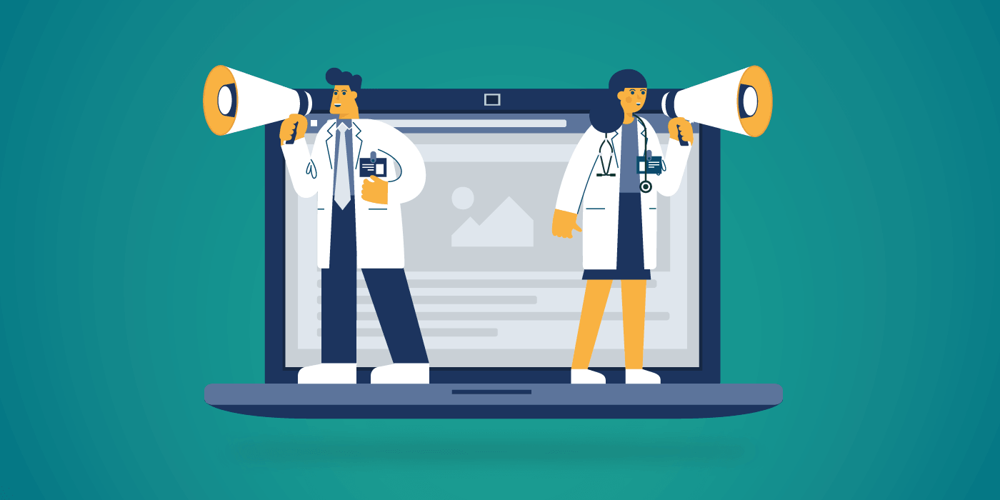 Illustration of two healthcare professionals using megaphones on a laptop screen representing monitoring and compliance challenges in pharmaceutical social media marketing.