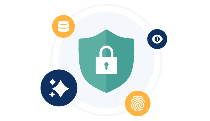 A central shield surrounded by floating data icons (plus signs, users, and nodes), symbolizing AI-driven security.