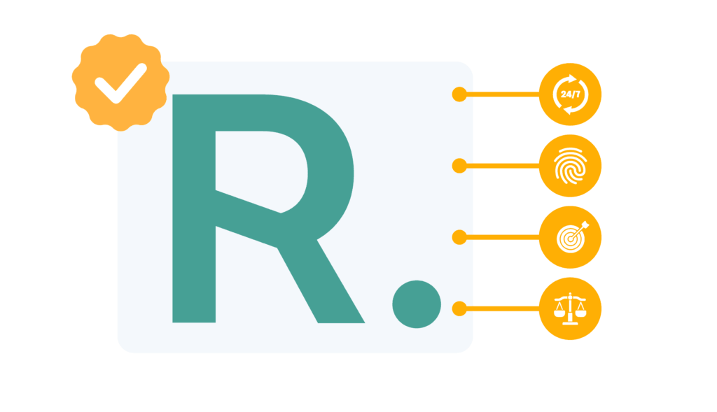 A large teal "R." on a white document background, accented by a yellow "verified" seal. Four yellow circular icons are connected to the document by lines: a 24/7 service clock, a fingerprint (identity), a target (precision), and a set of scales (legal balance).