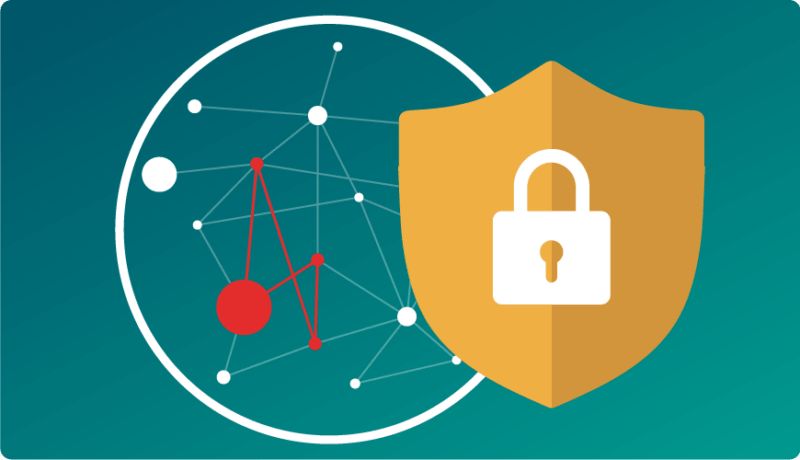 A graphic featuring a white circular network of connected nodes and lines on a teal background. A large yellow shield with a white padlock icon is positioned in the foreground, signifying security and data protection.