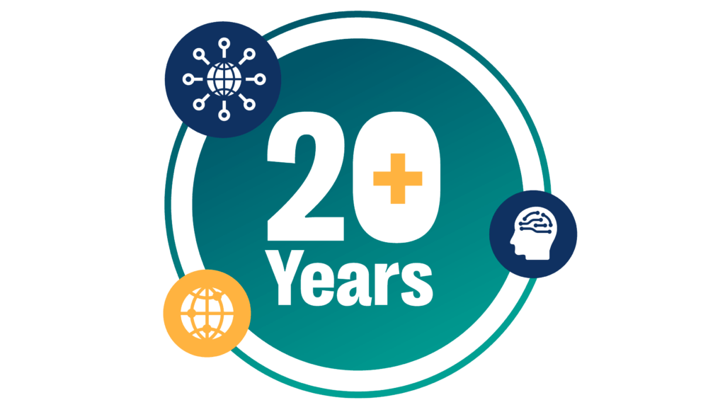 A large white central circle with the text "20+ Years" in bold yellow. Three smaller icons orbit the center: a blue globe network (global connectivity), a blue head with a circuit-brain (AI/Intelligence), and a yellow globe (broad ecosystem).