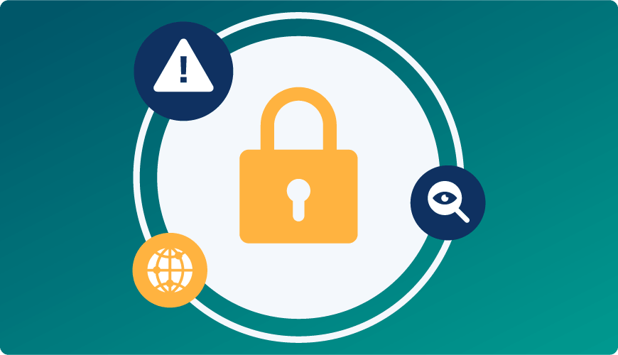 A central white circle contains a large yellow padlock. Three smaller circular icons orbit the center: a blue triangle with an exclamation point (risk), a blue magnifying glass with an eye (monitoring), and a yellow globe (ecosystem/global).