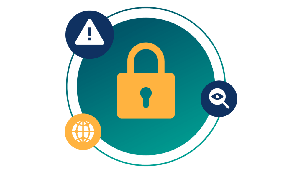 A central white circle contains a large yellow padlock. Three smaller circular icons orbit the center: a blue triangle with an exclamation point (risk), a blue magnifying glass with an eye (monitoring), and a yellow globe (ecosystem/global).