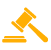 A yellow icon of a legal gavel and sound block, representing authority, law, and accountability.