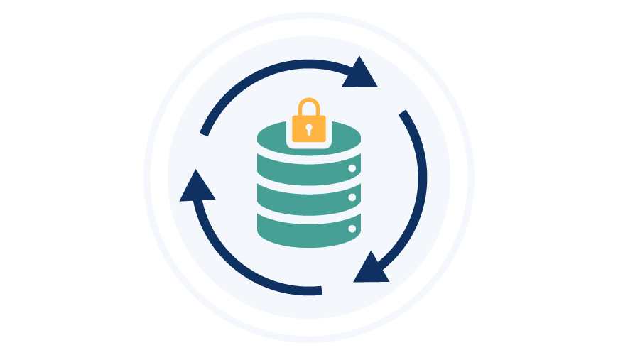 Circular arrows surrounding a central lock, illustrating the continuous cycle of data protection that supports long-term regulatory leadership.
