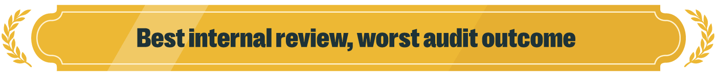 Top 5 #grcfails & the ai that's fixing them 6 Gold award-style banner with an ornate, curved frame and mirrored laurel branches on both sides. The background uses layered gold tones with soft diagonal light streaks, giving it a glossy, dimensional finish. Centered in bold, dark teal text reads: “best internal review, worst audit outcome. ” the visual style resembles a formal award ribbon, contrasting recognition with an ironic outcome related to audit performance.