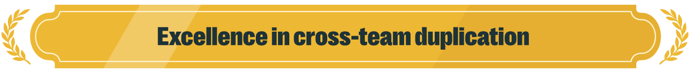 Top 5 #grcfails & the ai that's fixing them 11 Gold award-style banner with an ornate, curved border and matching laurel branches on both the left and right sides. The background shows layered gold tones with soft diagonal highlights, creating a polished, dimensional effect. Centered in bold, dark teal text reads: “excellence in cross-team duplication. ” the design resembles a formal recognition ribbon, with an ironic tone that points to duplicated work across teams.