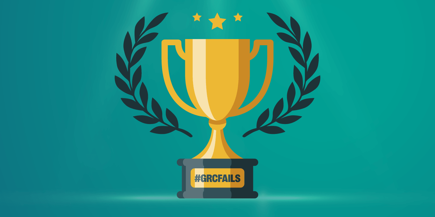 Illustrated gold trophy with a wide cup, curved handles, and a small base, centered against a teal gradient background. Dark teal laurel branches frame the trophy on both sides, and three gold stars sit above it, suggesting recognition or achievement. The base of the trophy features a small gold plaque labeled “#grcfails” in bold, dark text. The clean, flat design uses contrasting teal and gold tones, visually representing a tongue-in-cheek award tied to common failures in ai-powered grc programs.