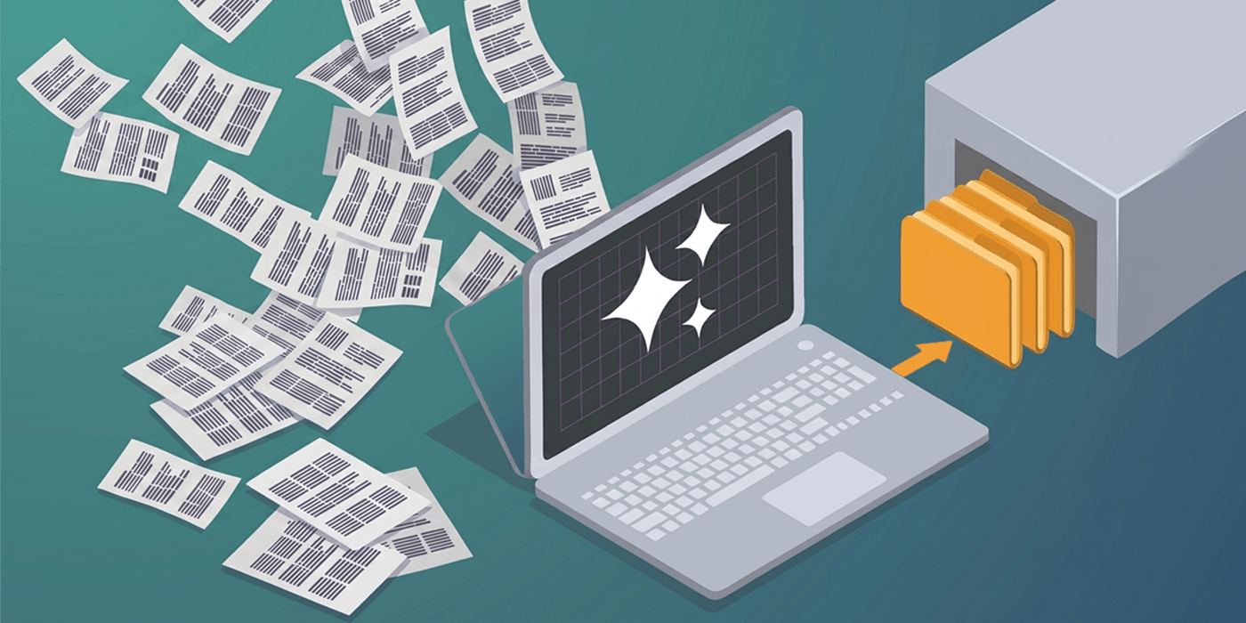 Illustration representing ai in compliance: a laptop sits on a teal surface with its screen glowing, symbolizing automated processing. To the left, dozens of loose paper documents scatter outward, suggesting manual, fragmented compliance work and information overload. On the right, a clean digital workflow appears, where structured folders move in an organized flow toward a secure storage unit, indicating centralized data management. The contrast shows how ai in compliance transforms disorganized, paper-based processes into streamlined, digital systems with improved accuracy and control.
