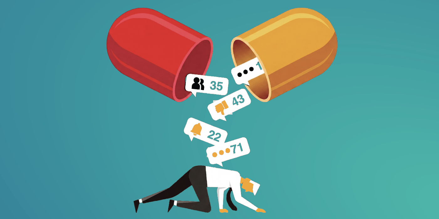 Illustration of pharma social risk showing two capsule-shaped objects releasing social media notifications above a crawling figure, representing online reactions, alerts, and engagement signals.