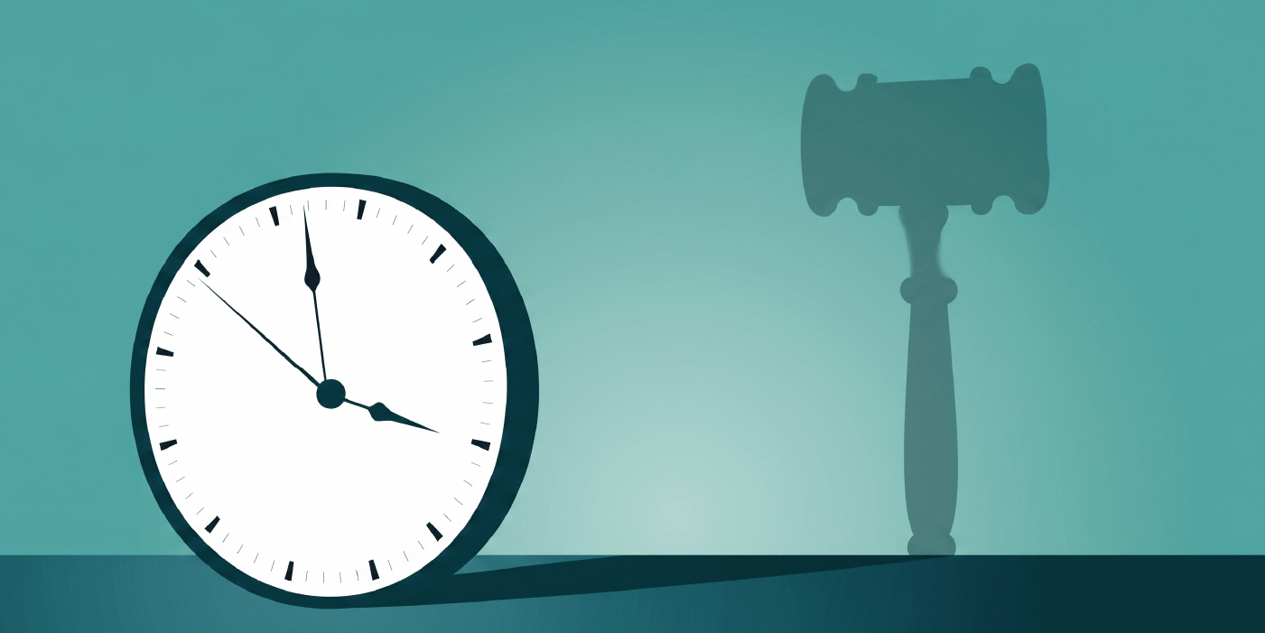 Stylized illustration about ai and regulatory compliance showing a large white clock resting on a dark surface beside the shadowed silhouette of a judge’s gavel. The clock face dominates the left side of the image, with its hands approaching a deadline, while the gavel stands in the background against a teal gradient backdrop. Long shadows stretch across the floor, creating a tense atmosphere that suggests mounting regulatory pressure, legal scrutiny, and the urgency organizations face when responding to ai governance and compliance requirements.