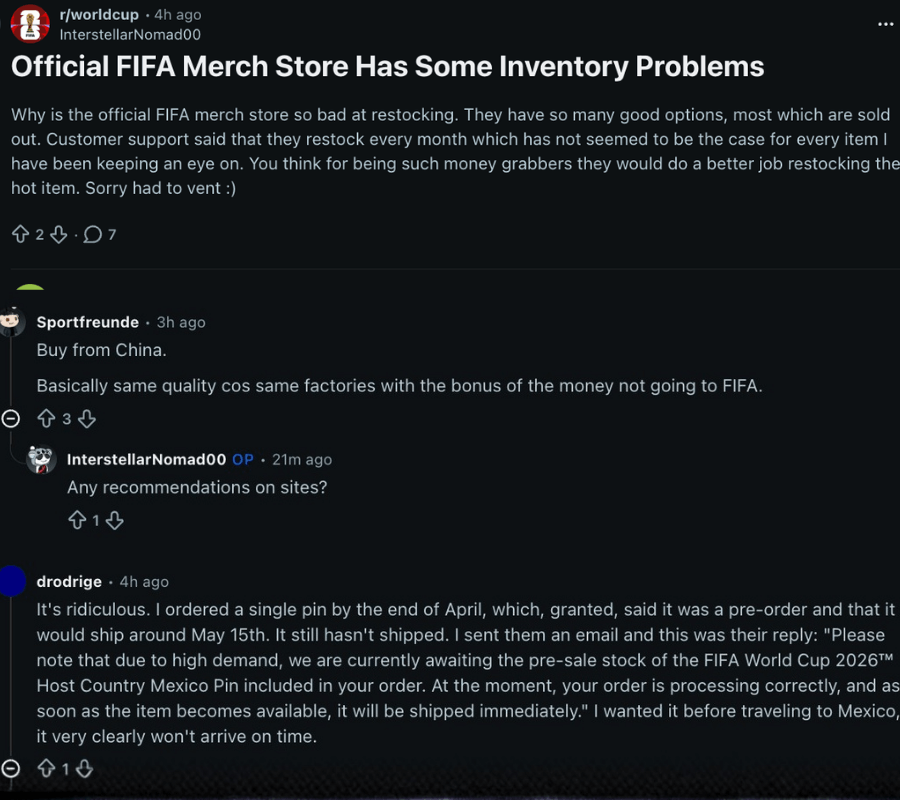 Screenshot of a reddit thread discussing sold-out fifa world cup merchandise, restocking concerns, and delayed delivery of official products.