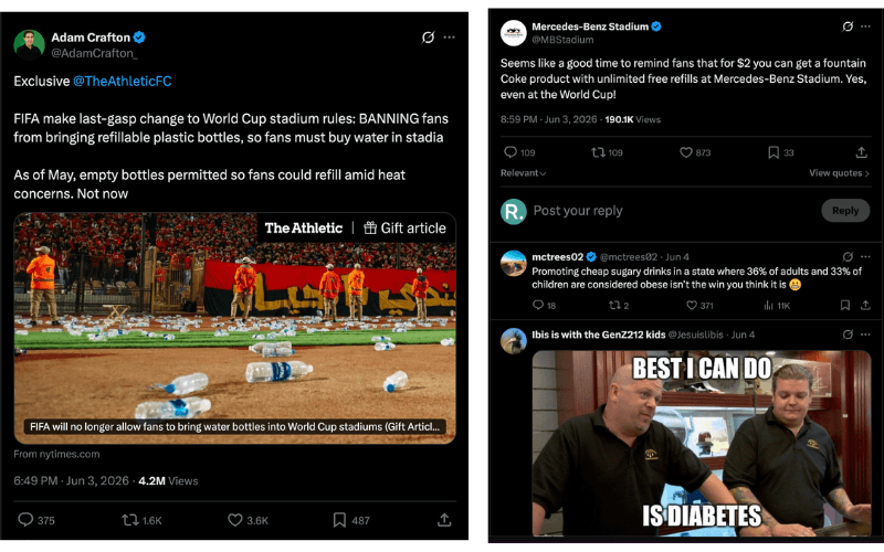 Social media posts showing fan reactions to world cup stadium policies, including restrictions on water bottles and discussions about food and beverage affordability.